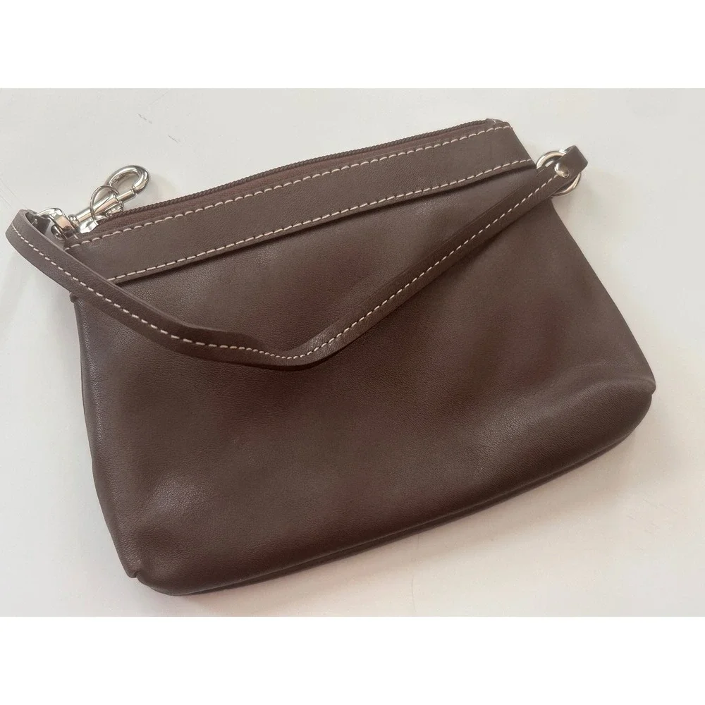Coach Dark Brown Pleated Leather Wristlet Bag Silver Script Logo Lavender Lining